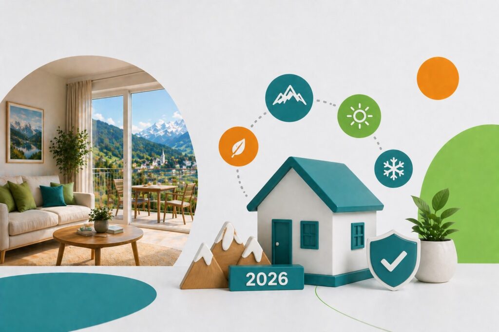 Ferienhaus-Illustration mit Bergen, Jahreszeiten-Symbolen und Text "2026" für ganzjährige Ferienwohnungsvermietung.
