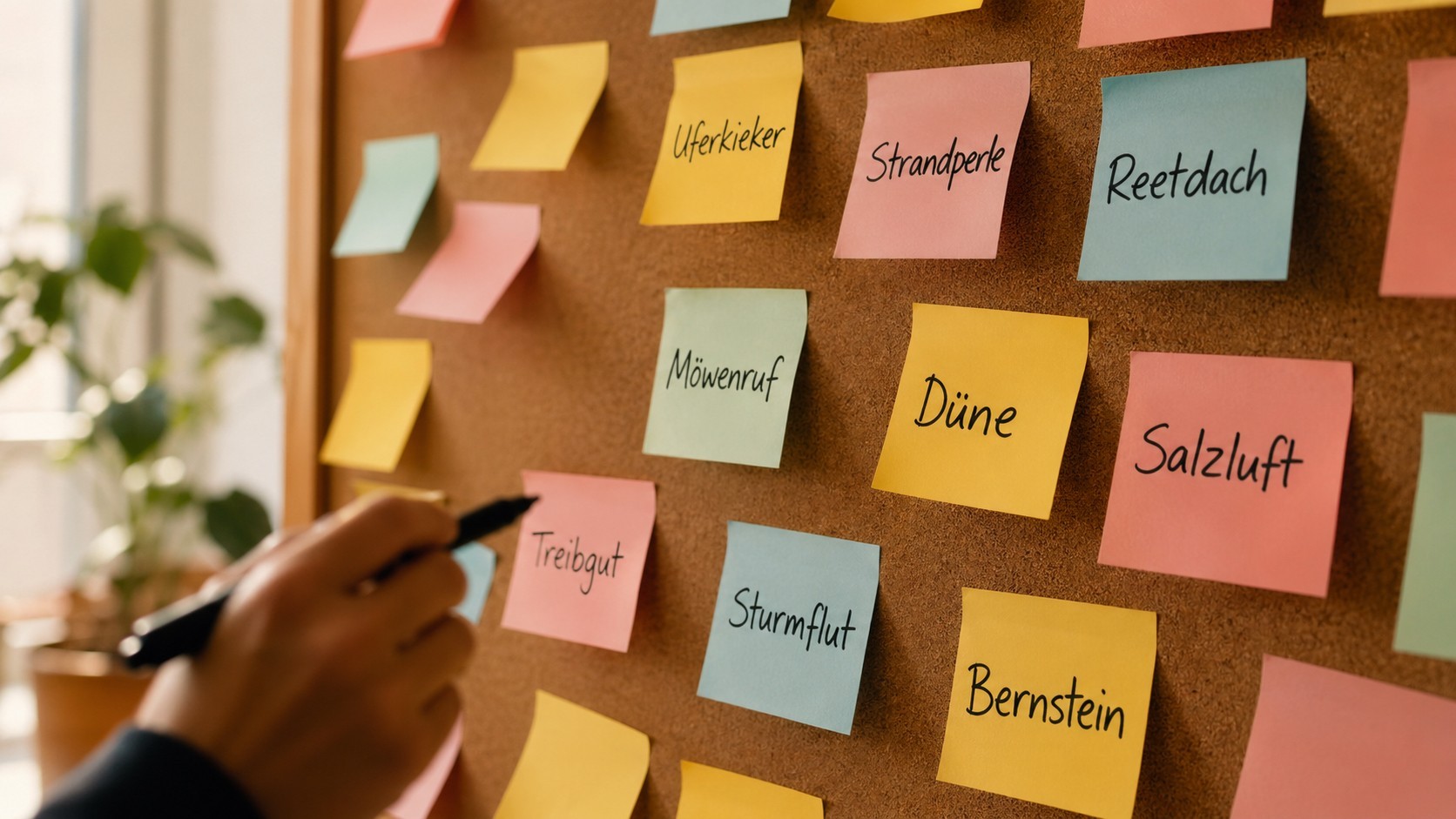 Hand schreibt mit Stift auf Notizzettel mit Namen für Ferienobjekte wie 'Uferkieker' und 'Strandperle'.