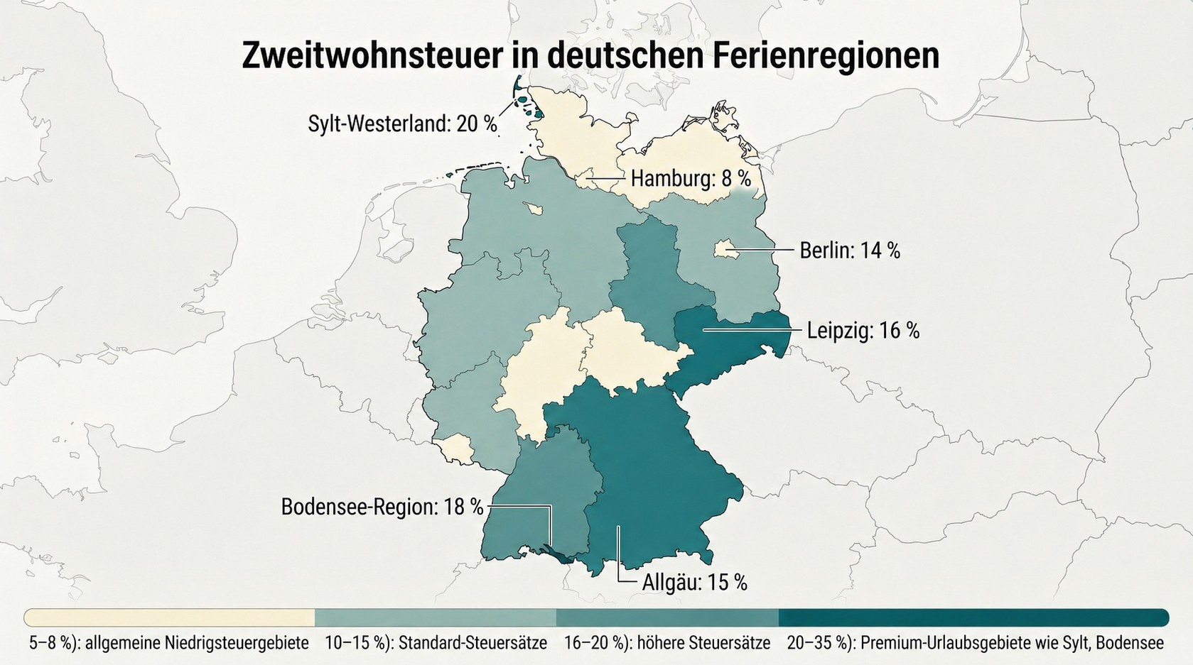 Deutschlandkarte zeigt Zweitwohnsteuersätze in Ferienregionen, mit farblicher Kennzeichnung und Prozentangaben für Sylt, Hamburg, Berlin, Leipzig.