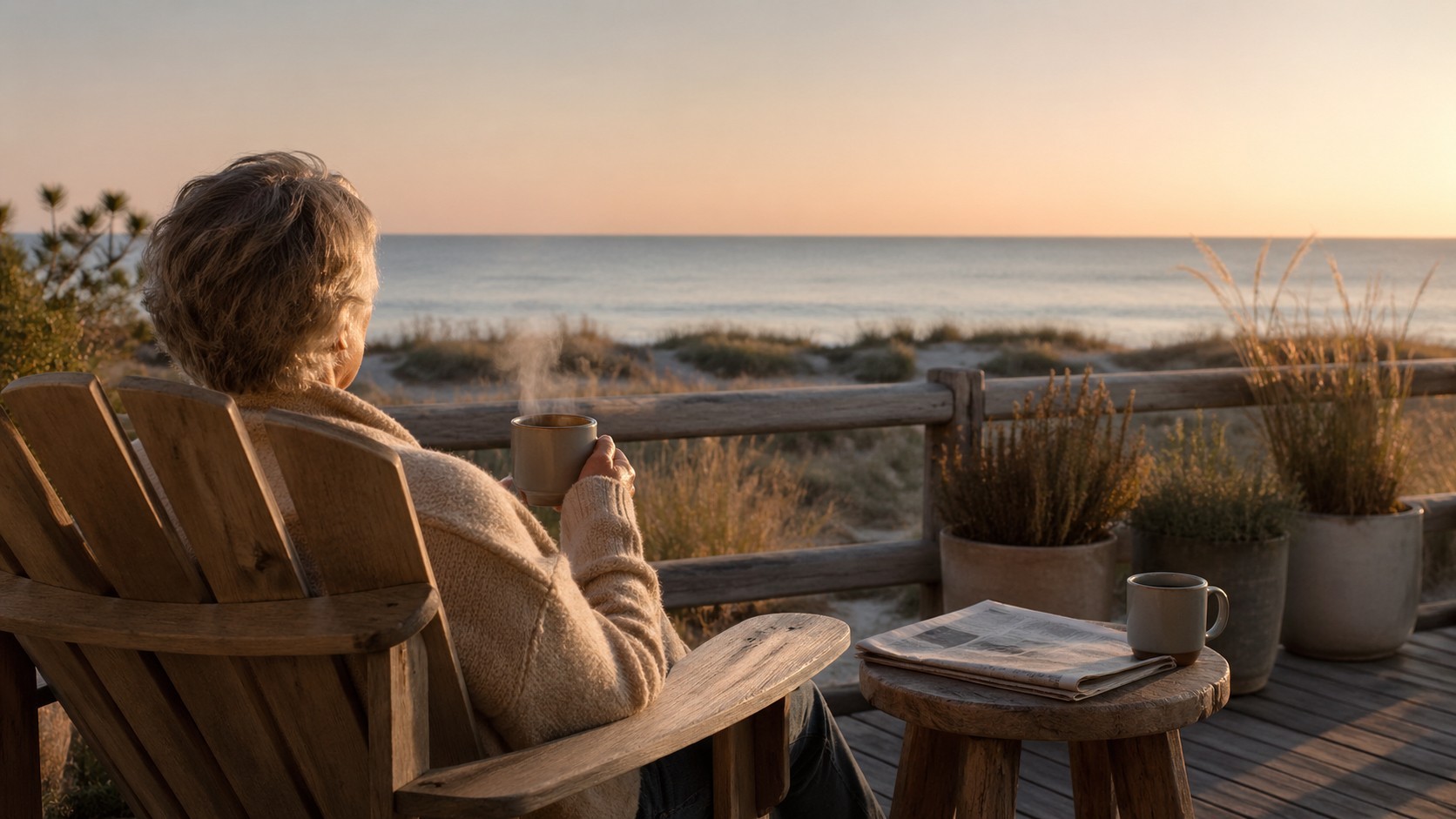Frau mit Tasse auf Terrasse blickt aufs Meer; Ruhe und Entspannung für Eigentümer einer Ferienimmobilie.