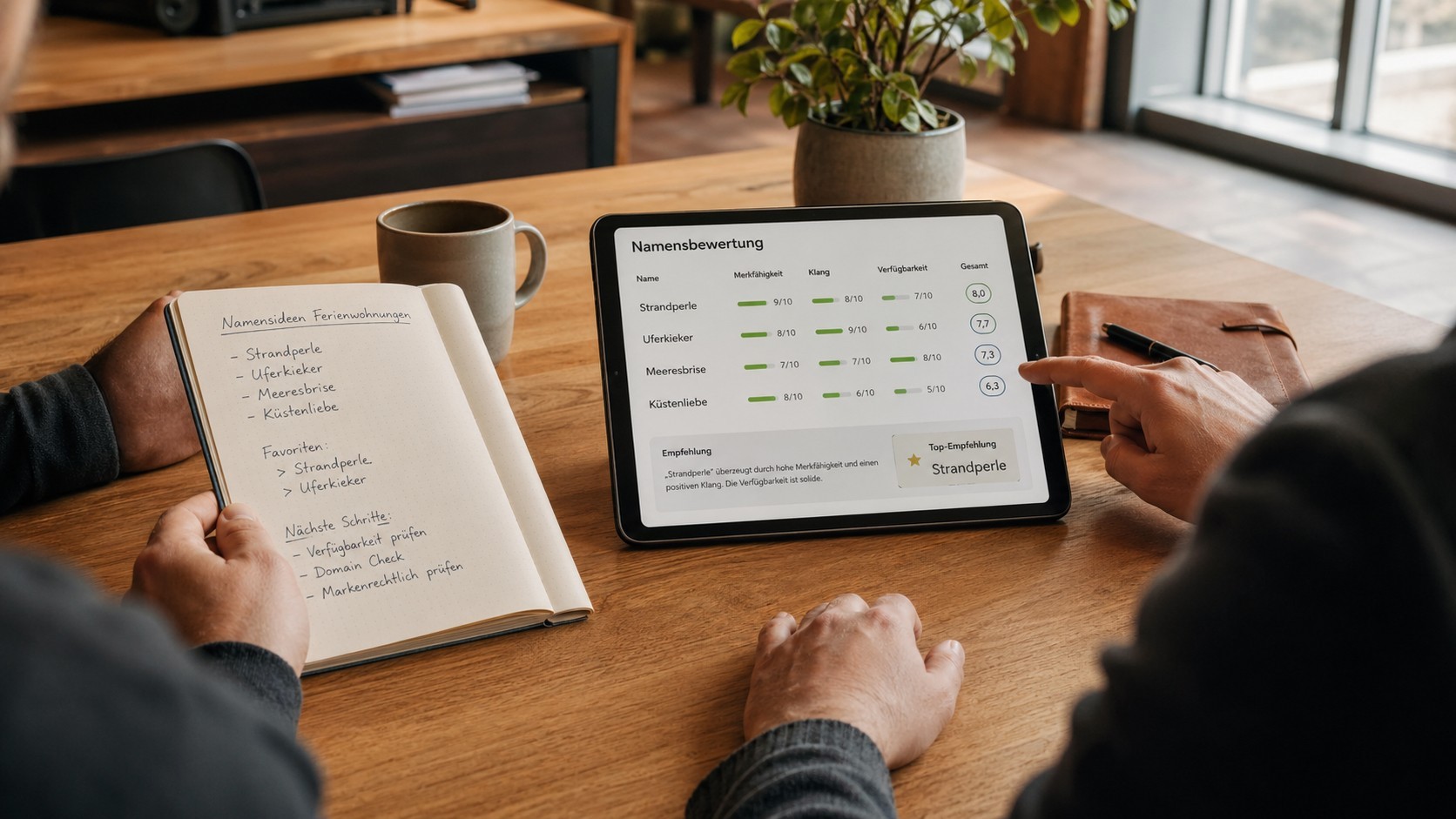 Person prüft Namensideen für Ferienunterkünfte auf einem Tablet, daneben Notizen mit Namensvorschlägen.