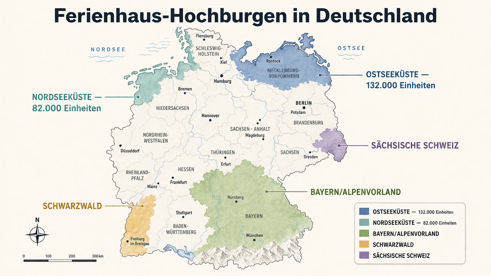 Deutschlandkarte mit Ferienhaus-Regionen, hervorgehoben für die Ferienhausverwaltung.