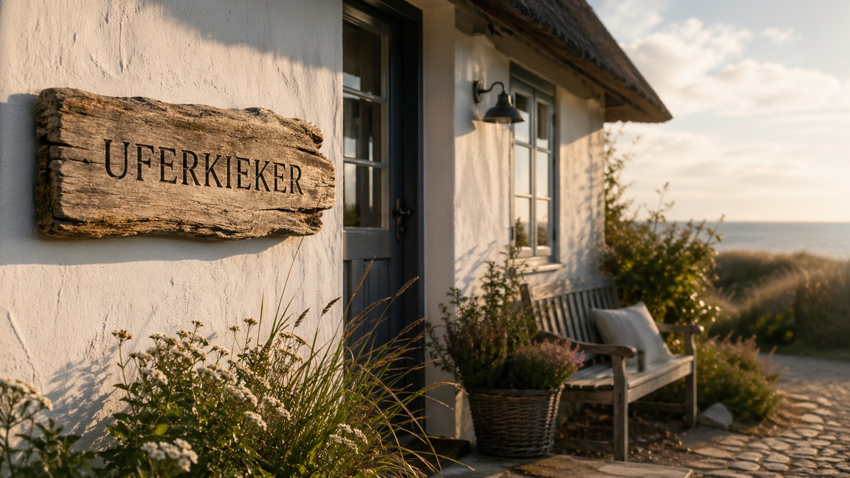 Holzschild mit dem Namen 'Uferkieker' an der Fassade eines Ferienhauses nahe der Küste.
