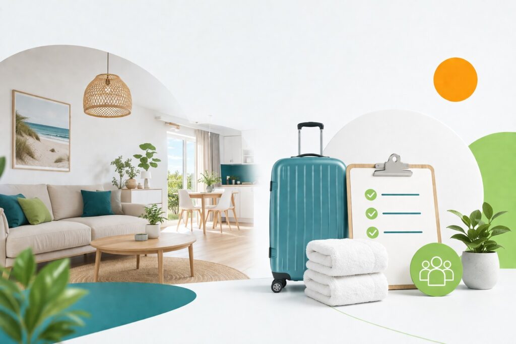 Koffer, Handtücher und Checkliste zeigen die Ausstattung einer Ferienwohnung, verwaltet von Favorent.