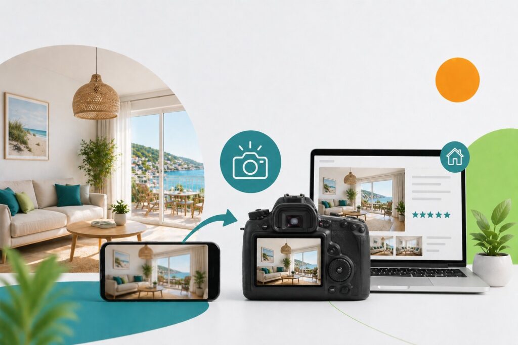 Ferienwohnung-Foto wird vom Handy über Kamera und Laptop auf eine Favorent-Anzeige übertragen.