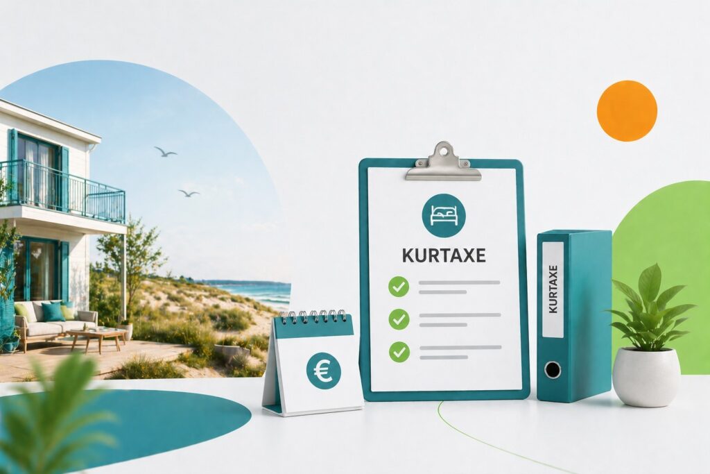 Grafik zeigt Kurtaxe-Formular, Kalender und Ferienwohnung für Favorents Ferienhaus-Management.
