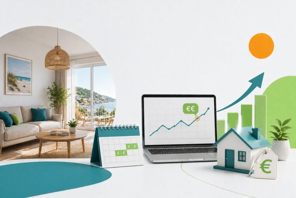 Laptop zeigt steigende Kurve neben Kalender, Hausmodell und Grafik für Ferienwohnung-Preisfindung mit Favorent.