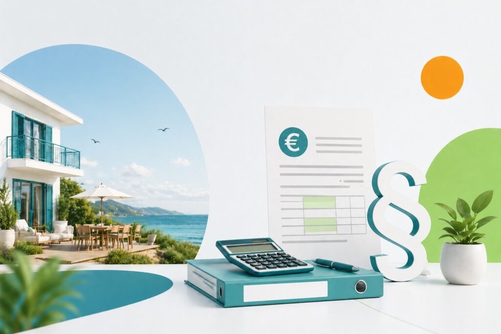 Ferienwohnung-Szene mit Euro-Zeichen, Paragraf-Symbol und Taschenrechner symbolisiert Steuern für Ferienimmobilien.