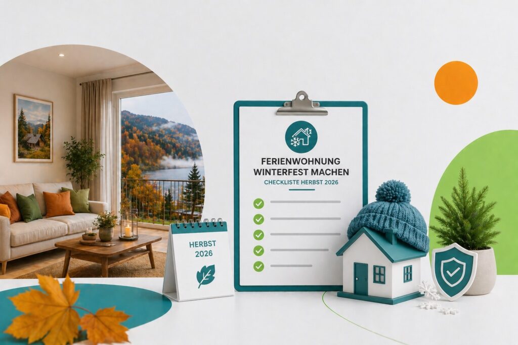 Checkliste für die Winterfestmachung einer Ferienwohnung, umgesetzt von Favorent, mit kleinem Hausmodell mit Mütze.