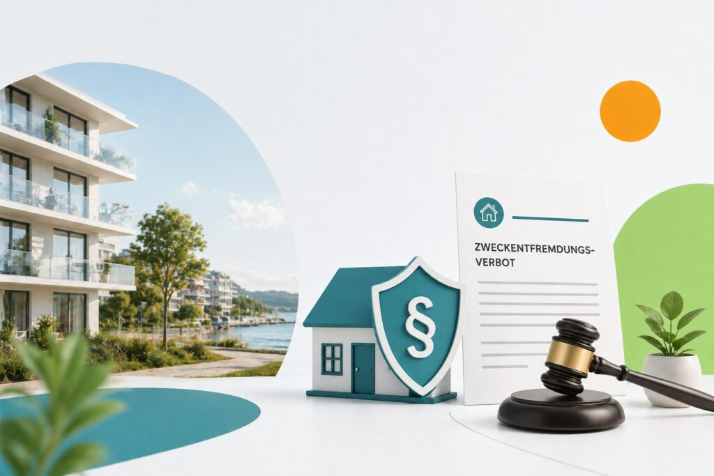 Hausmodell mit Paragraphenzeichen und Dokument "Zweckentfremdungsverbot" für Ferienwohnungsverwaltung.