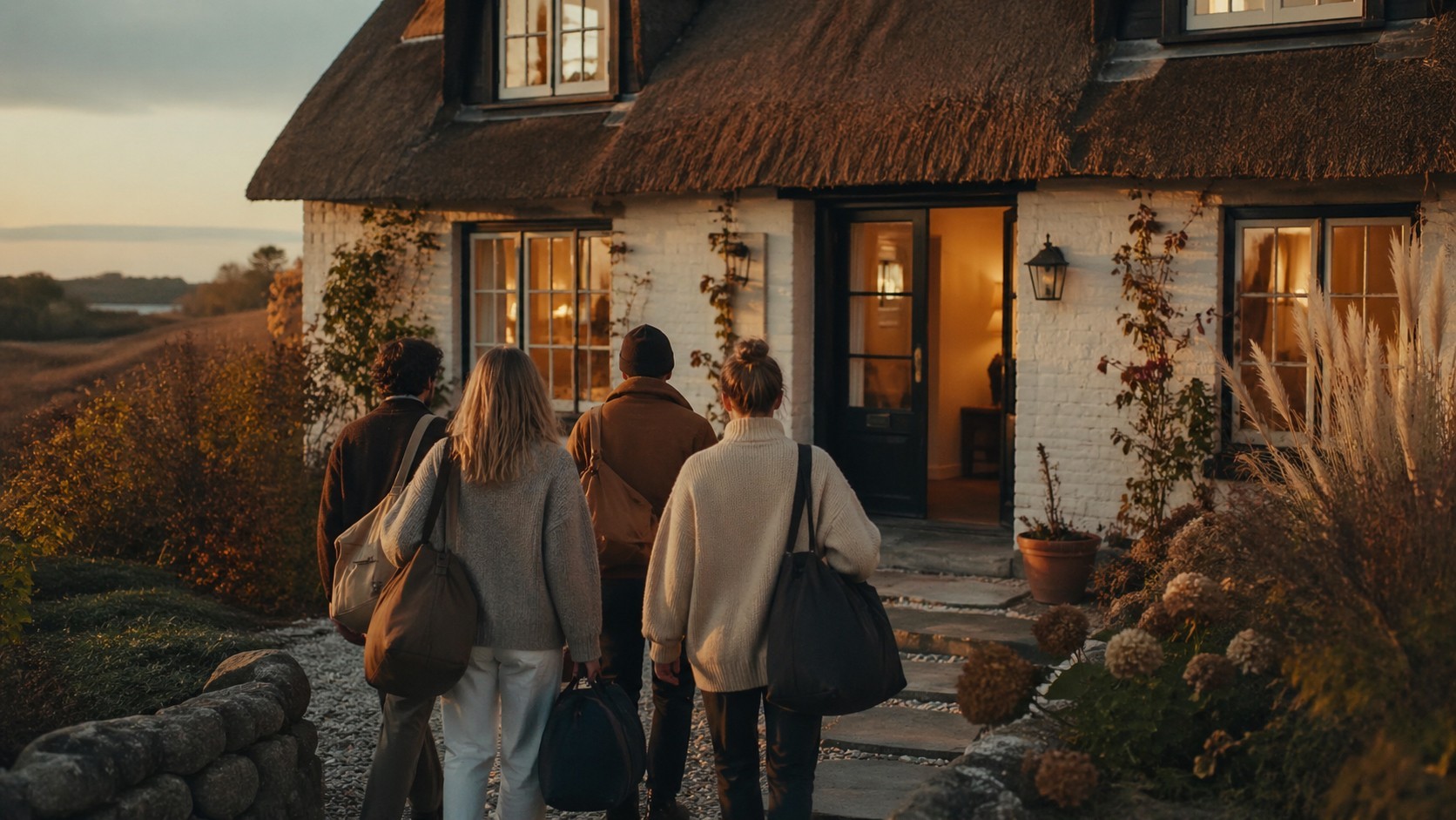 Freundesgruppe betritt Ferienhaus mit Gepäck, hell erleuchtet, was eine komfortable Ankunft für die Ferienwohnungsverwaltung mit Favorent verspricht.