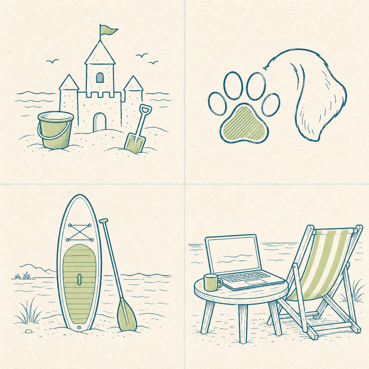 Skizzen zeigen Sandburg, Hundepfote, Paddleboard und Strandkorb mit Laptop.