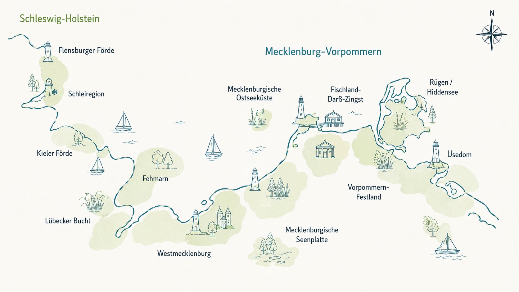 Karte von Mecklenburg-Vorpommern und Schleswig-Holstein mit Sehenswürdigkeiten für Ferienhausverwaltung Ostsee.
