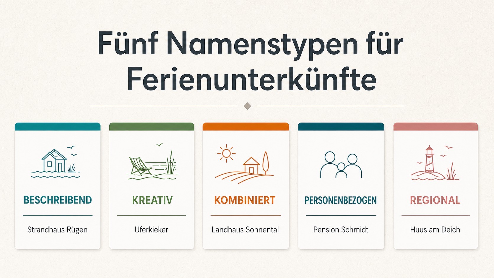Fünf Namensarten für Ferienwohnungen, darunter beschreibende, kreative, kombinierte, personenbezogene und regionale Optionen.