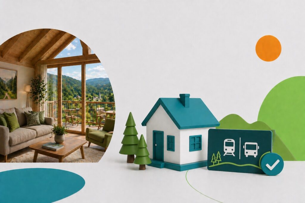 Ferienhaus-Szene mit Zug- und Bussymbol für KONUS-Vorteil im Schwarzwald.