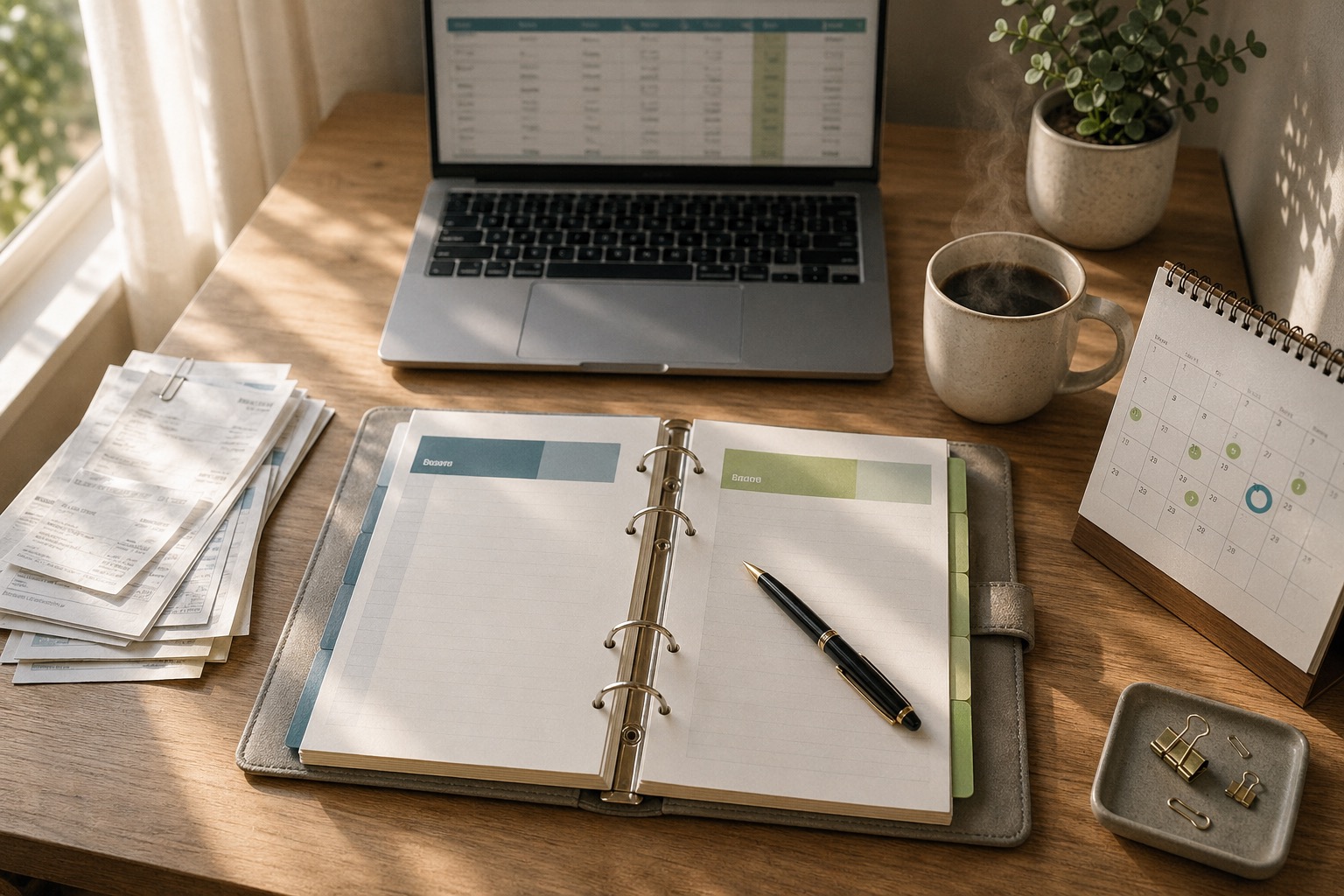 Offener Ringbuchkalender mit Stift auf einem Schreibtisch, Laptop und Kalender im Hintergrund; nützlich für die Ferienhausverwaltung.