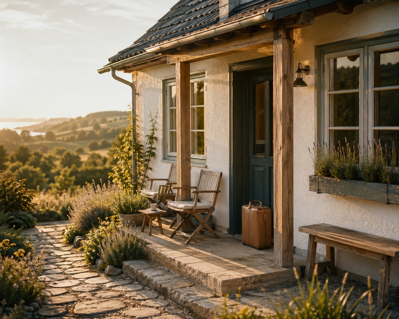 Einladende Veranda mit Stühlen vor einem Ferienhaus, umgeben von Lavendel und Blick auf Hügel; ideal für die Ferienhausverwaltung.