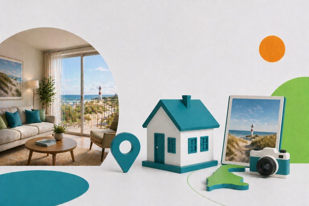 Stylized holiday home with turquoise roof, map pin, camera, and tablet showing a beach scene.
