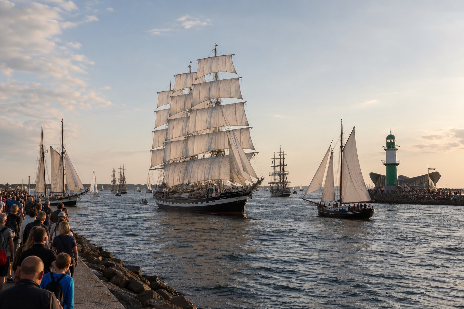 Segelschiffe gleiten während der Hanse Sail in Warnemünde auf dem Wasser.