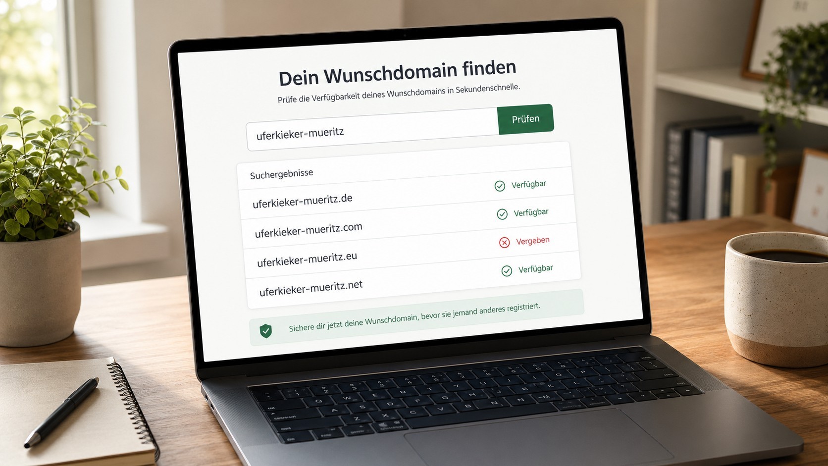 Laptop-Bildschirm zeigt eine Domain-Verfügbarkeitsprüfung für Ferienunterkünfte, die von Favorent angeboten wird.