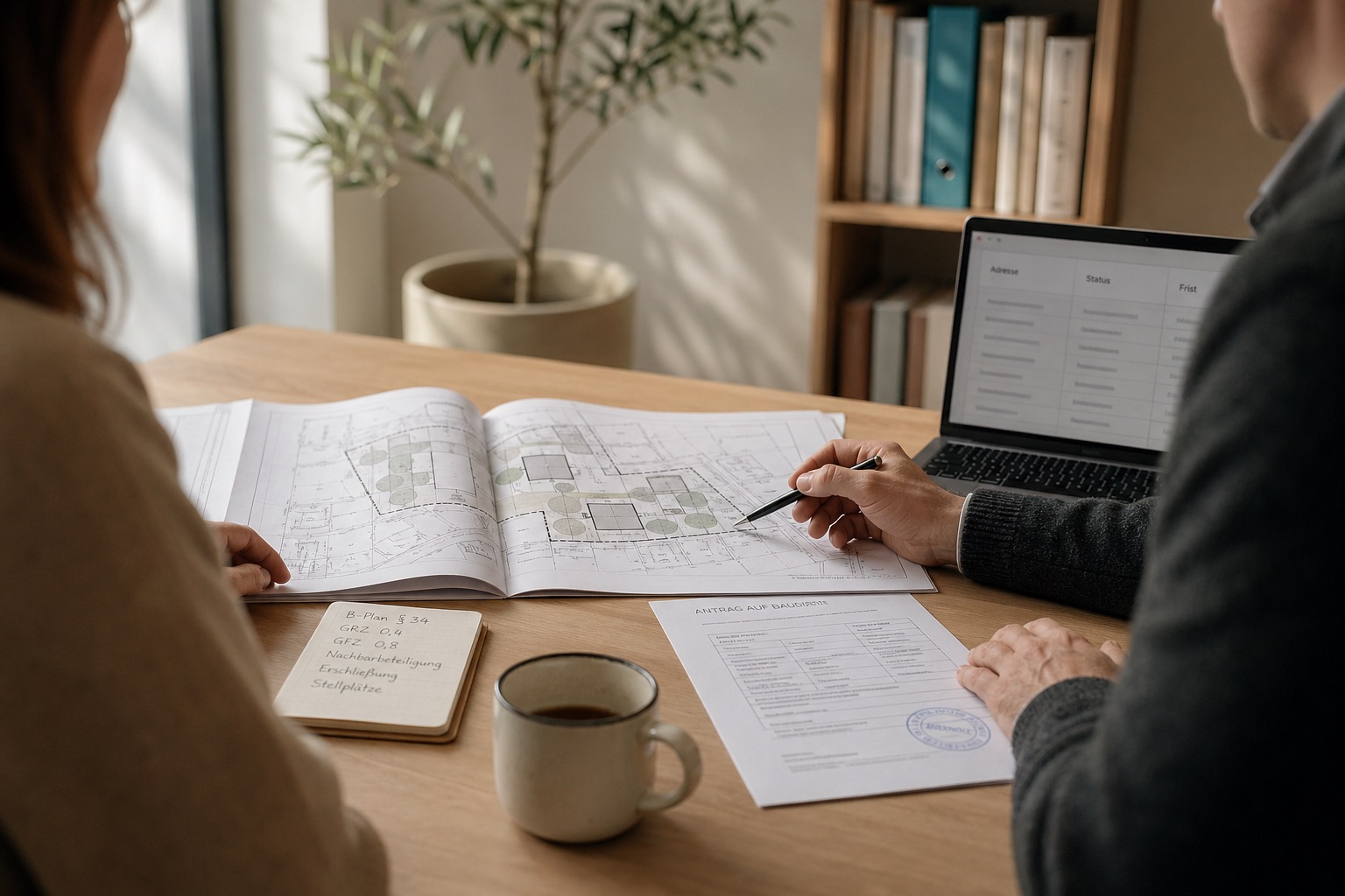 Architekturbesprechung zur Ferienwohnung mit Bauplänen und Laptop.