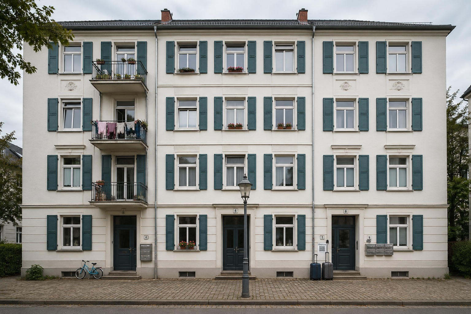 Mehrfamilienhausfassade mit blauen Fensterläden; Fahrräder und Koffer deuten auf Ferienwohnungen hin.