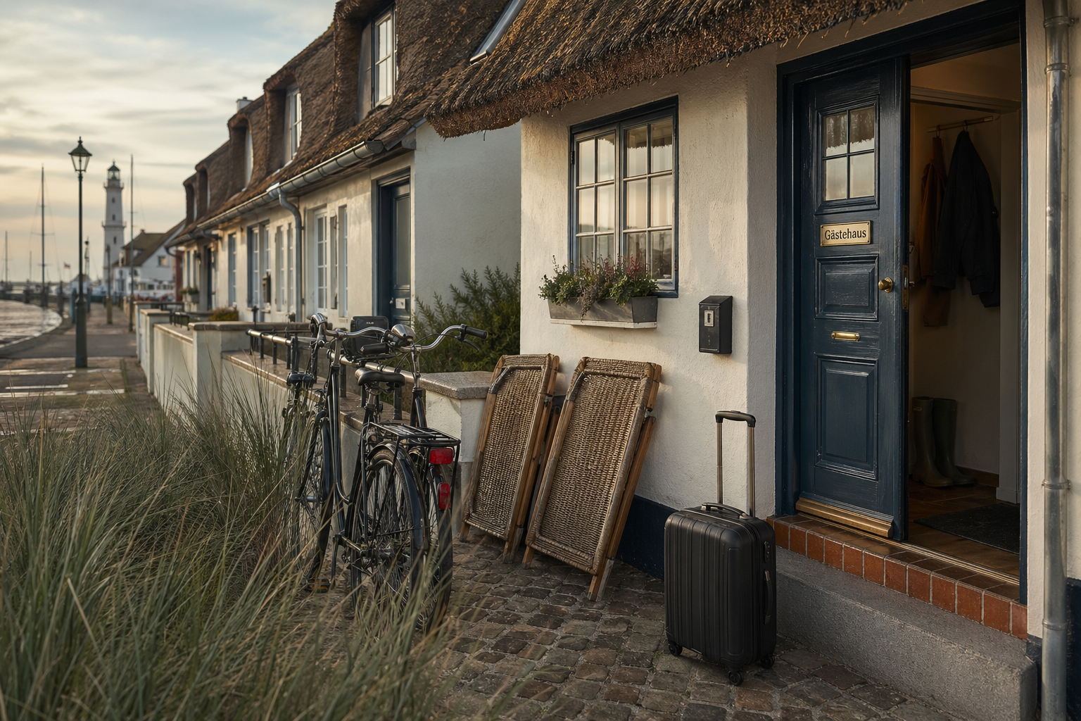 Reisekoffer vor Ferienhaus mit Fahrrädern und Strandkörben; Favorent unterstützt bei der Vermietung.