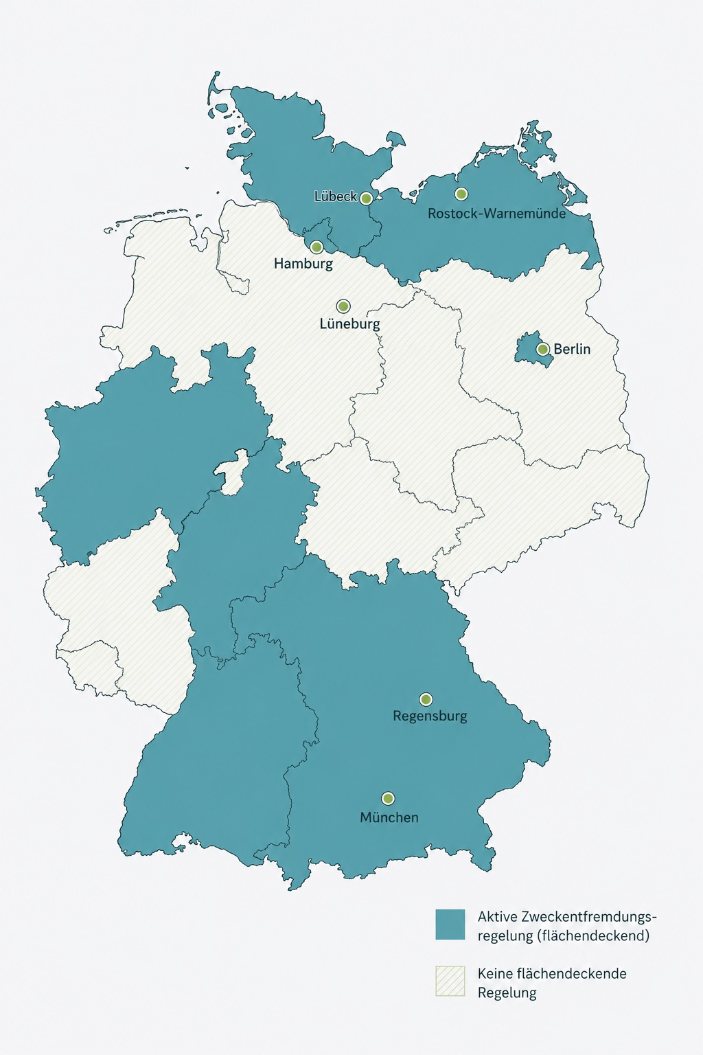 Deutschlandkarte zeigt Regionen mit aktiver Zweckentfremdungsregelung für Ferienwohnungen; Favorent hilft bei der Einhaltung.