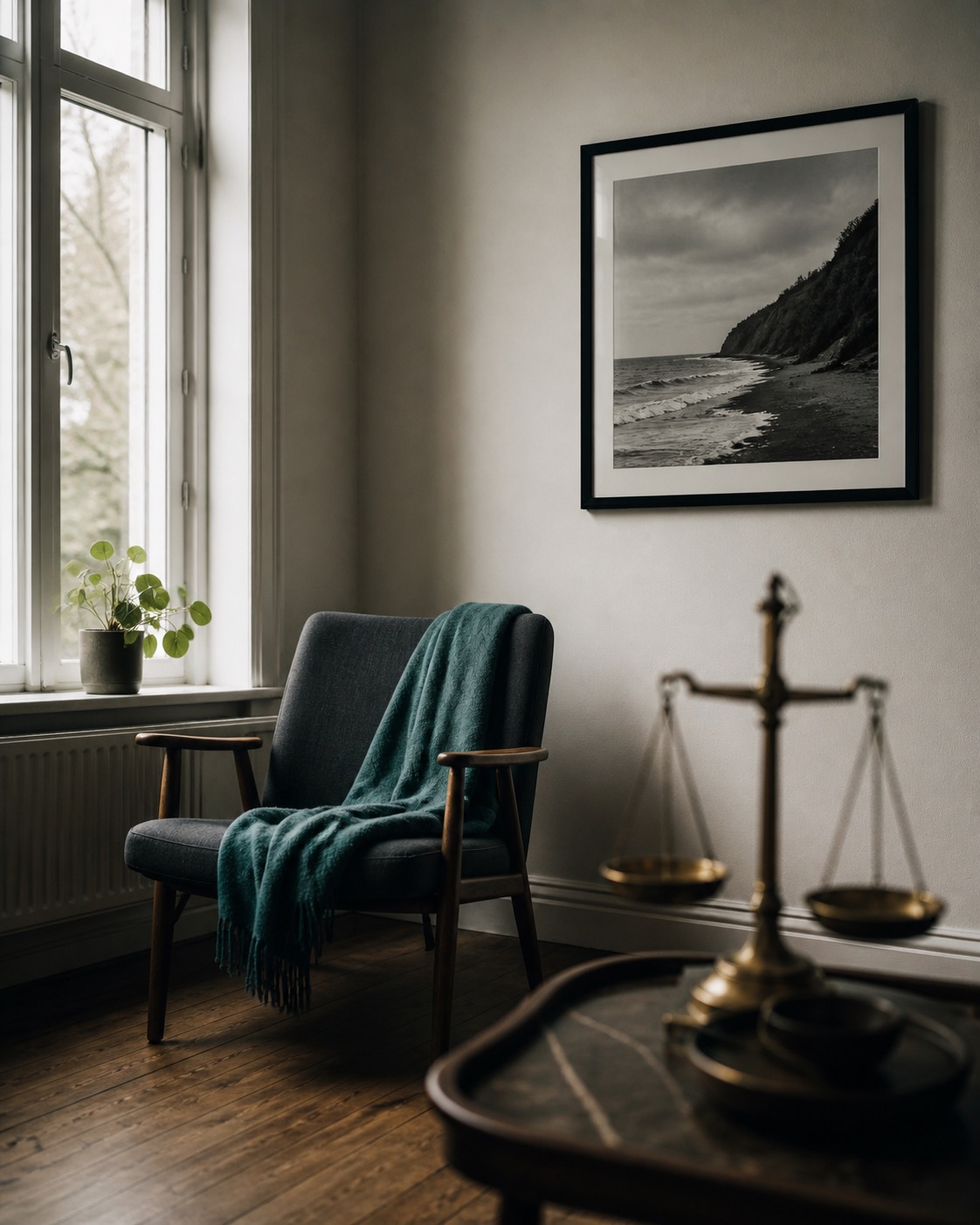 Sessel mit Decke, Schwarzweißbild an der Wand und antike Waage im Raum, der ein Gefühl von Ruhe für die Ferienhausverwaltung vermittelt.