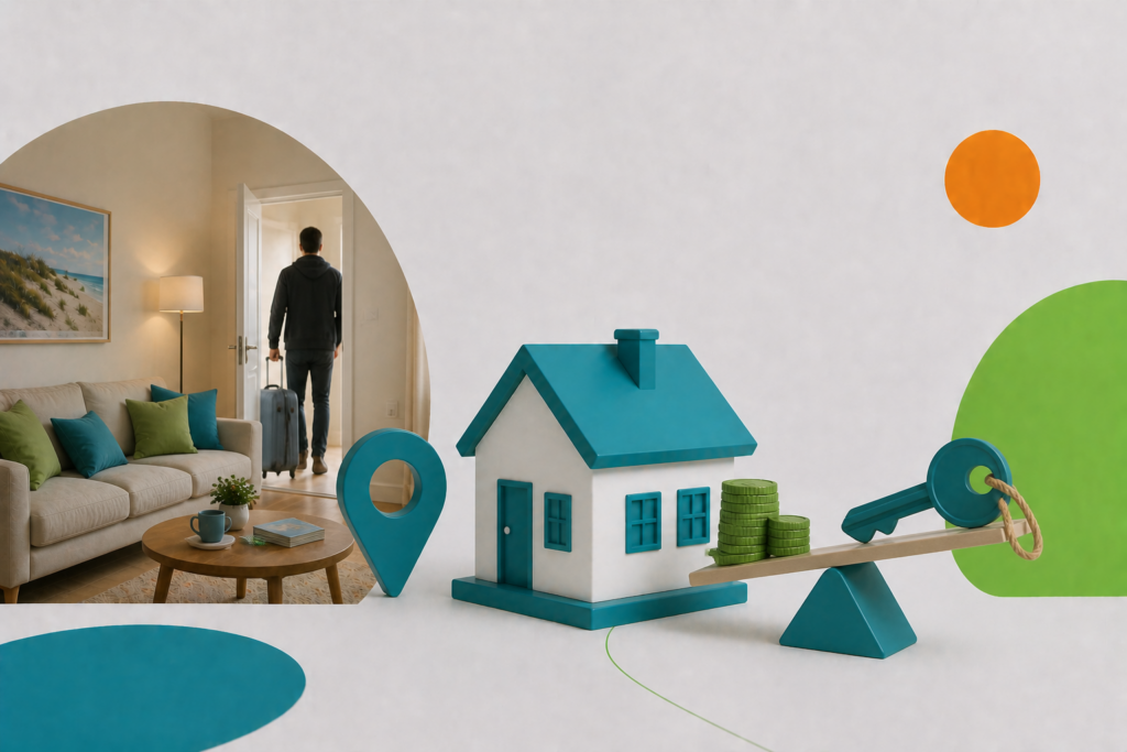 Mann betritt helle Ferienwohnung mit Rollkoffer, neben stilisierter Hausgrafik und Waage mit Schlüssel.
