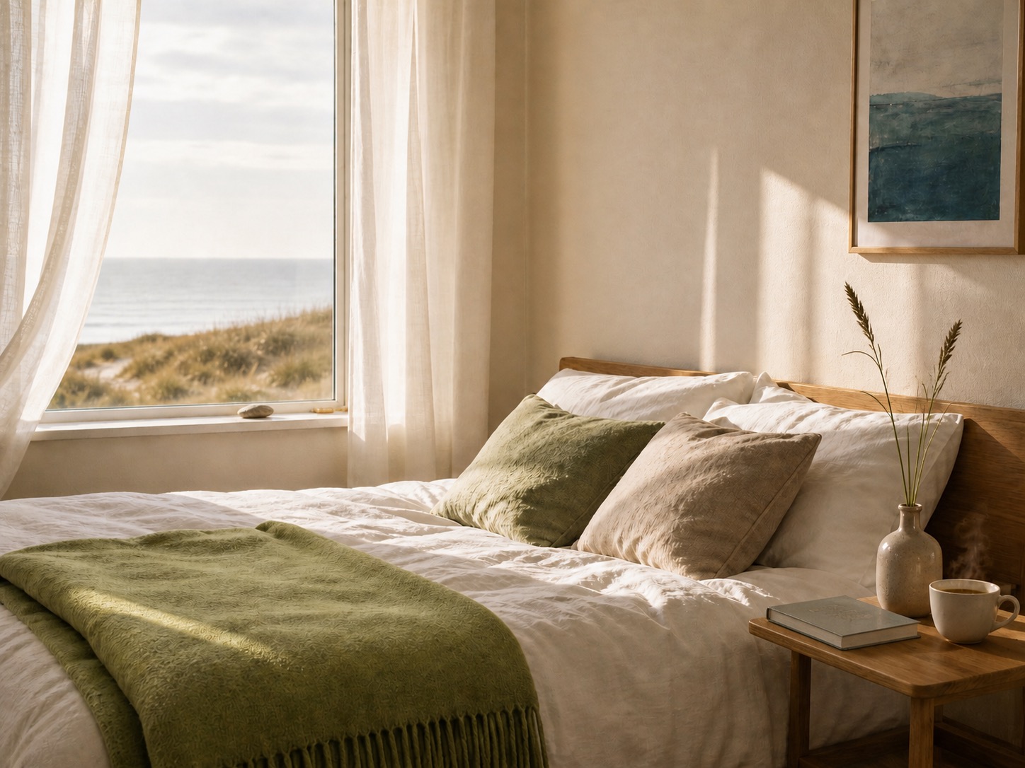 Hell eingerichtetes Schlafzimmer mit Meerblick zeigt ein gemütliches Ambiente für die Vermietung einer Ferienwohnung.