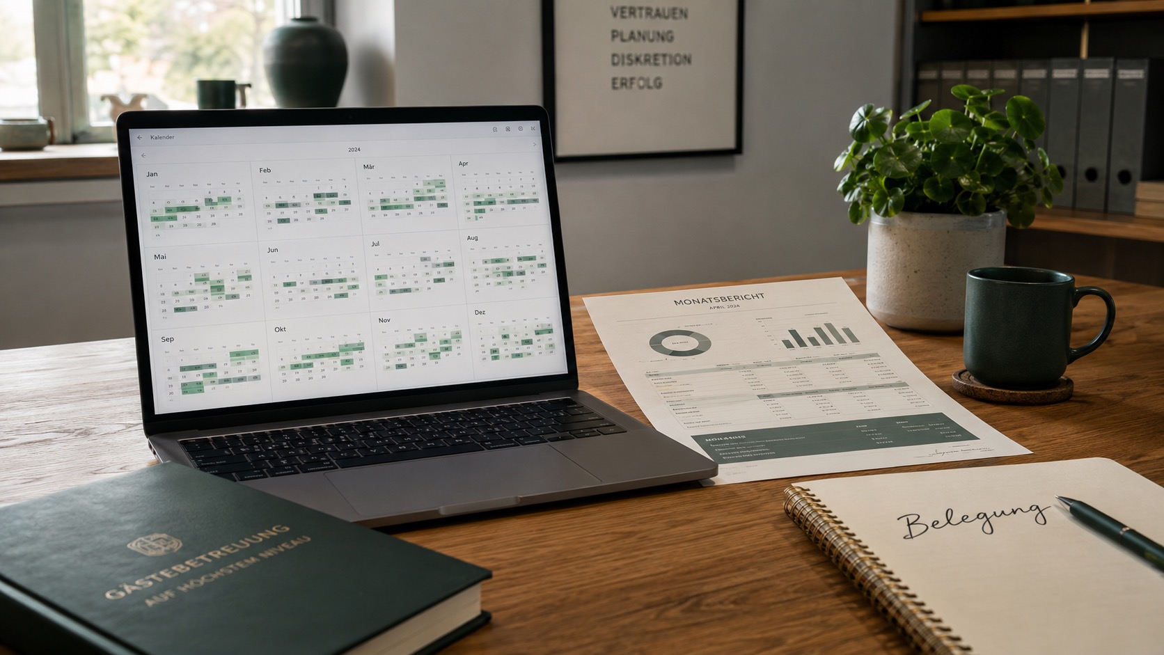 Laptop zeigt Belegungskalender, daneben Notizbuch mit dem Wort 'Belegung' für Ferienhausmanagement.