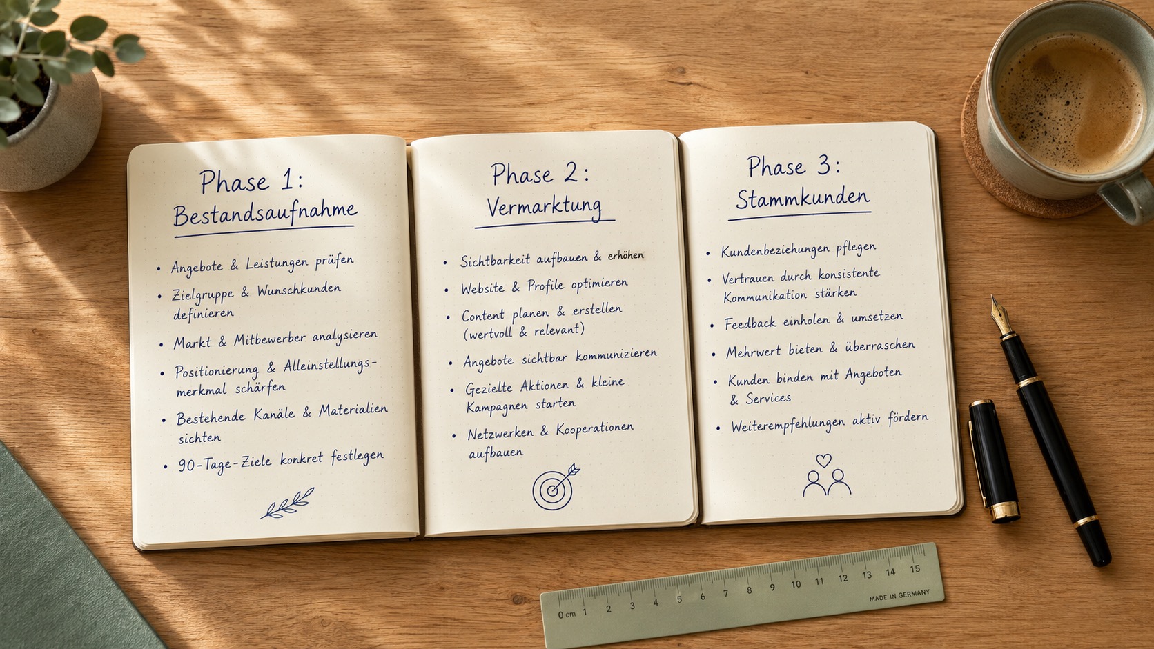 Drei Notizbücher zeigen Phasenplan für Ferienimmobilien: Bestandsaufnahme, Vermarktung, Stammkunden.