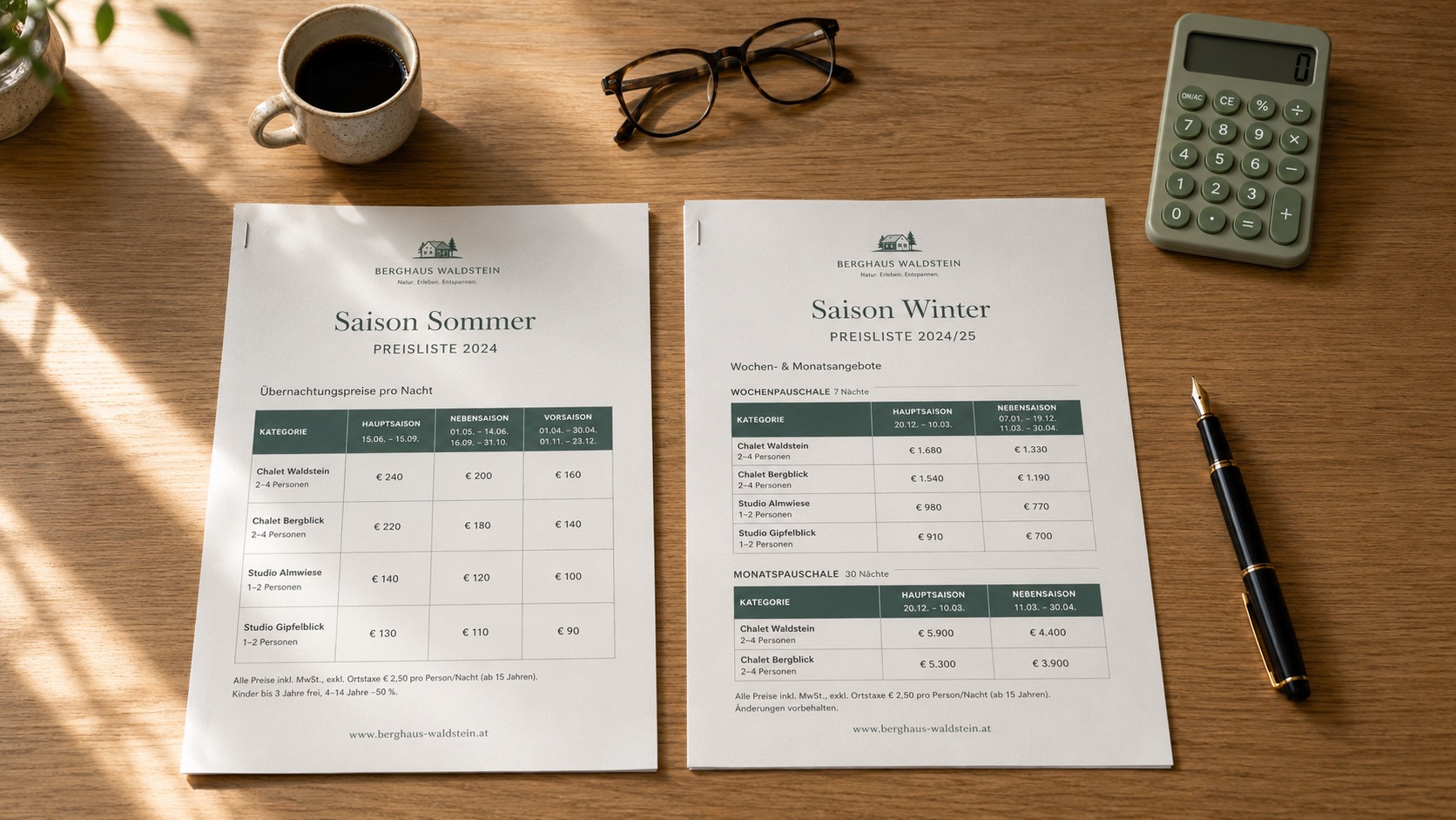 Preislisten Sommer und Winter für Berghaus Waldstein, zur Ferienhausvermietung via Favorent.
