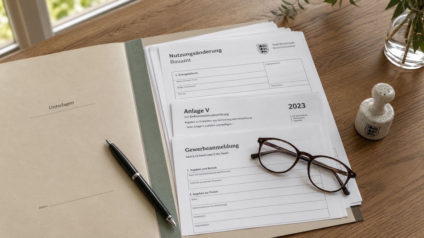 Formulare wie Gewerbeanmeldung und Nutzungsänderung in einem Ordner, relevant für die Ferienimmobilienverwaltung durch Favorent.