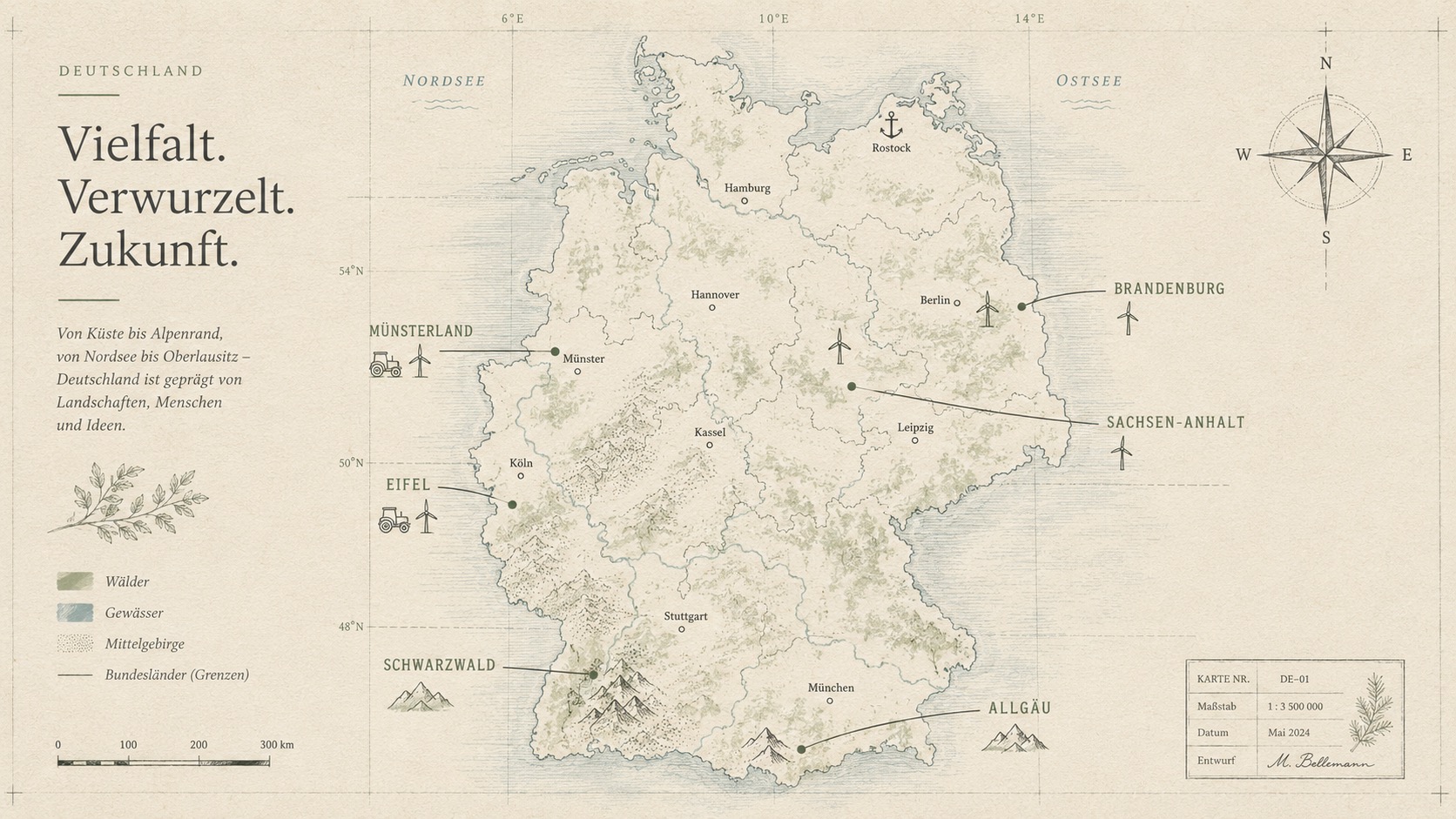 Deutschlandkarte zeigt Regionen mit Windrädern und Traktoren; Ferienhaus-Potenzial für Monteure.