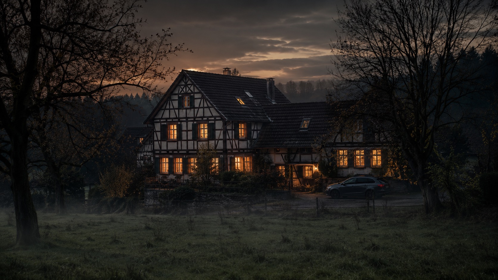 Fachwerkhaus mit beleuchteten Fenstern bei Dämmerung; Ferienhausverwaltung durch Favorent im Fokus.