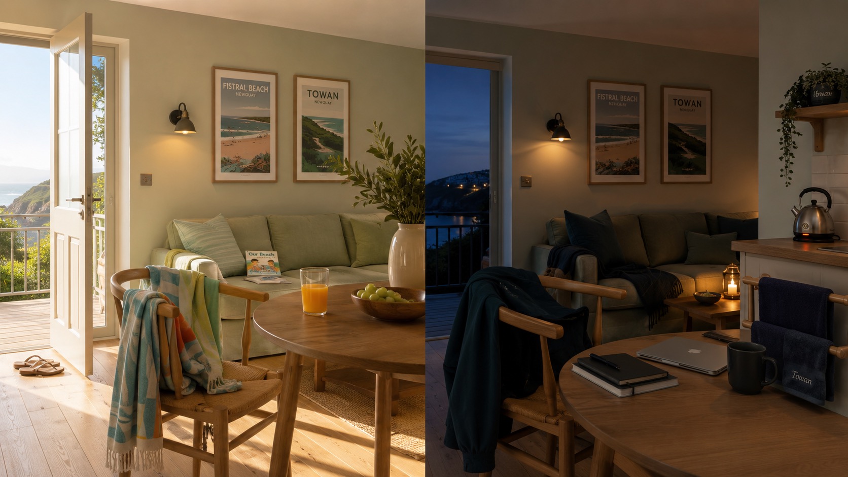 Tag und Nacht im Ferienhaus: Wohnzimmer mit Balkonblick, Poster von Fistral Beach und Towan.