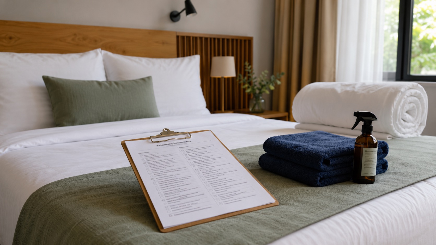 Gepflegtes Ferienzimmer mit Checkliste, Handtüchern und Reinigungsmittel für die Ferienhausverwaltung.