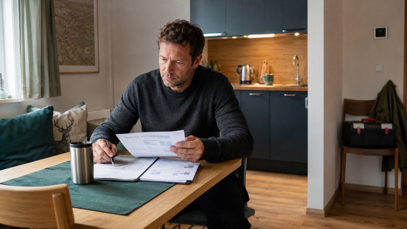 Mann prüft Dokumente am Tisch mit Laptop und Werkzeugkiste im Hintergrund für Ferienhausverwaltung.