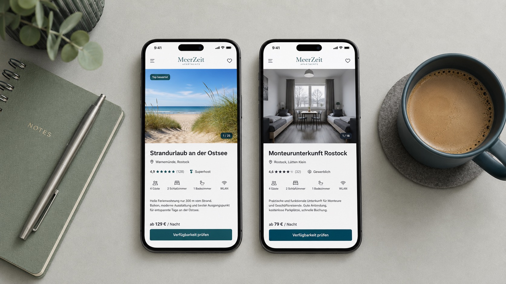 Zwei Smartphones zeigen Ferienwohnungen zur Vermietung; 'MeerZeit Apartments' für Urlaub und Monteure.