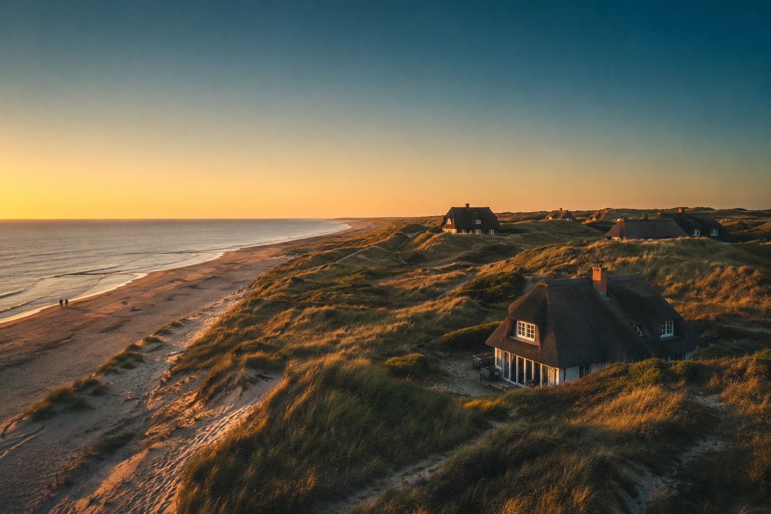 Ferienhäuser mit Reetdächern in den Dünen bei Sonnenuntergang; Favorent bietet die Verwaltung solcher Ferienimmobilien an.