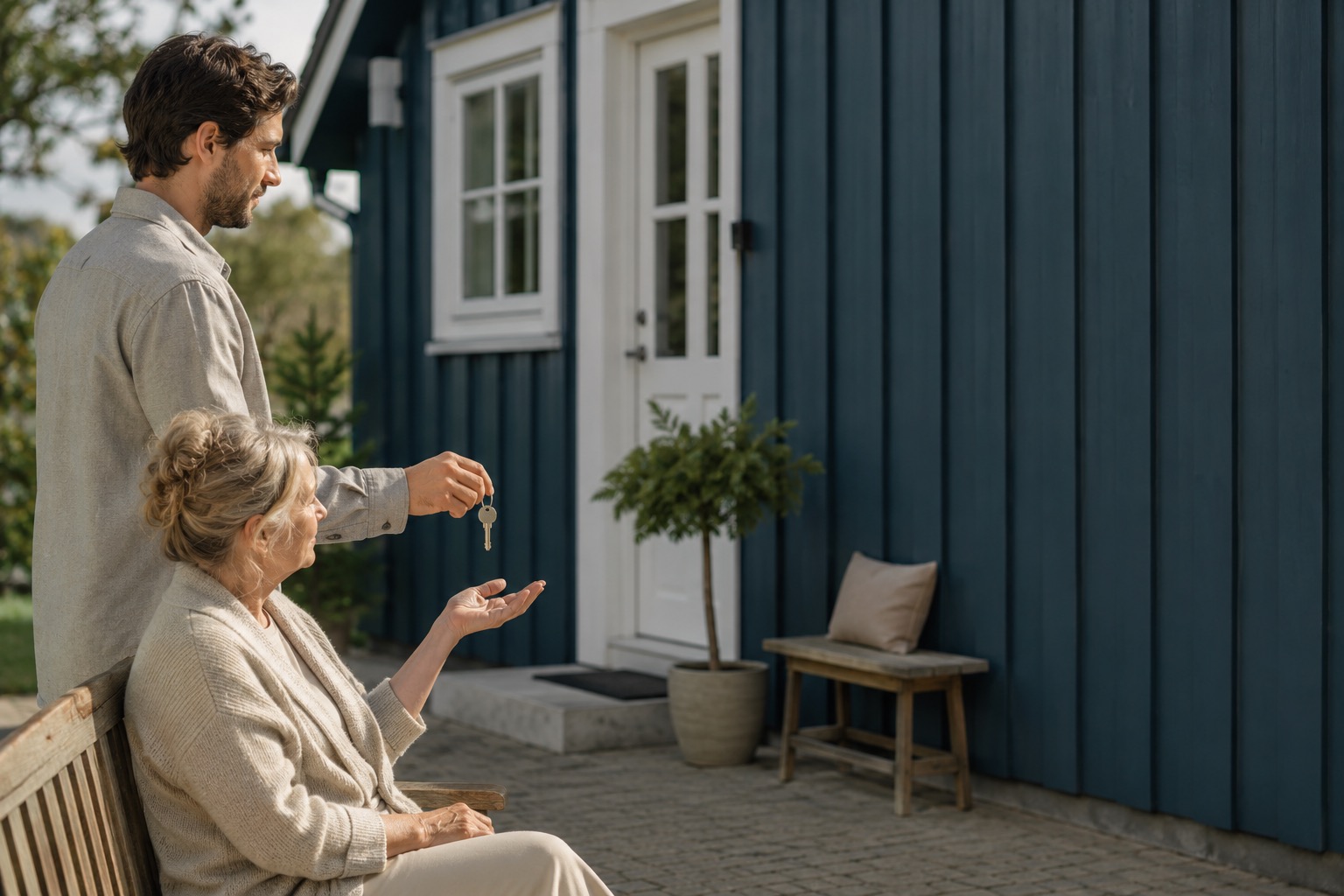 Junge übergibt älterer Frau Schlüssel vor blauem Ferienhaus, das Favorent verwalten könnte.
