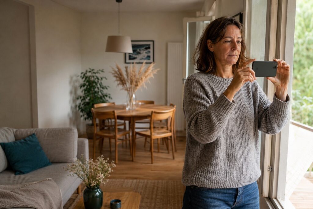 Frau macht ein Foto mit dem Smartphone von einem hellen Wohnzimmer aus.
