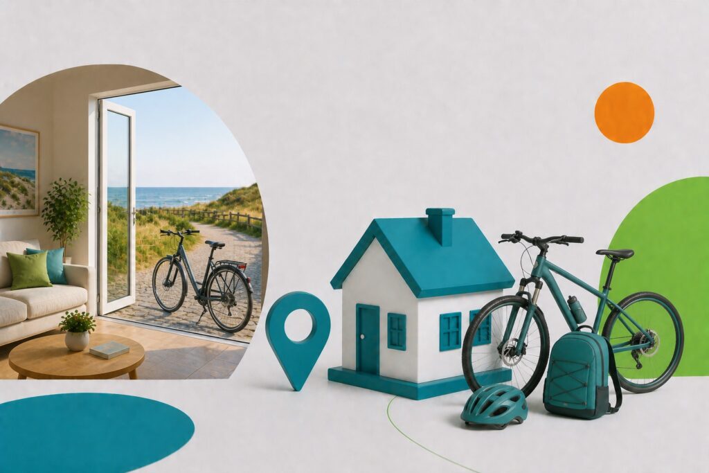 Radfahrer-freundliche Ferienunterkunft mit Fahrrad am Strand, Haus und Ausrüstung zeigt Favorent Services.