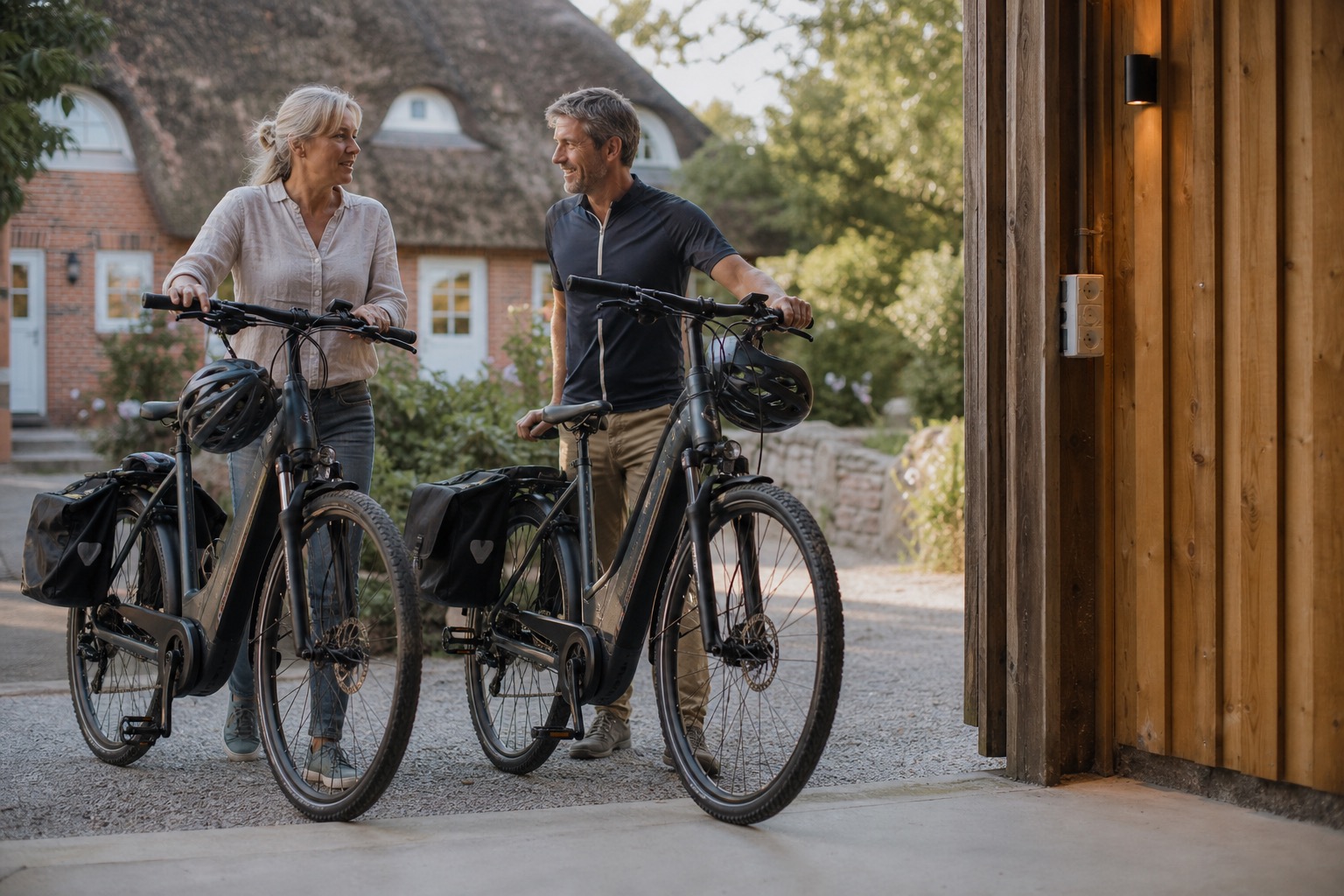 Paar mit Fahrrädern vor einer Ferienunterkunft; ideal für Radfahrerurlaub.