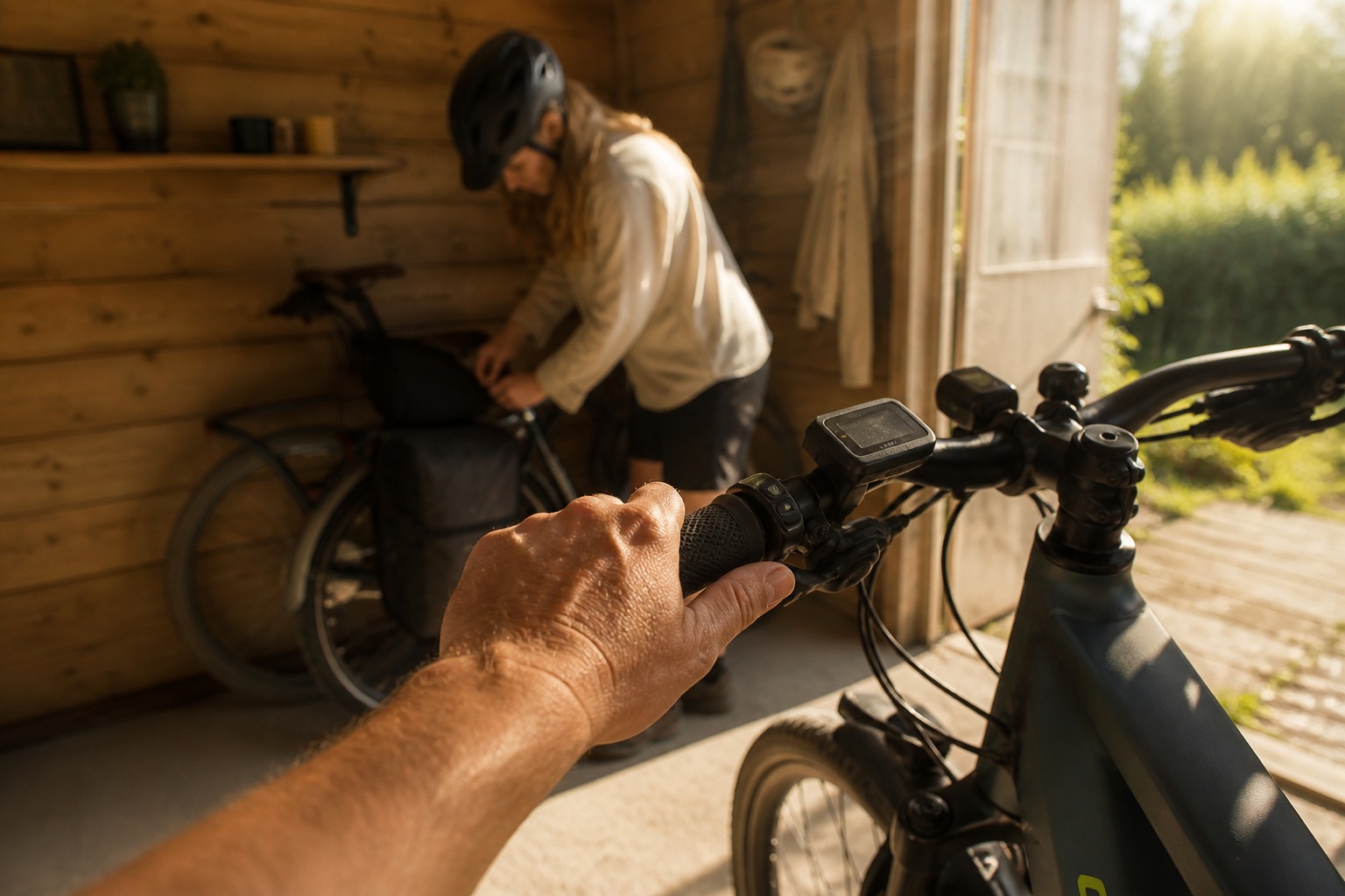 Nahaufnahme einer Hand am Fahrradlenker vor einer hölzernen Ferienunterkunft.