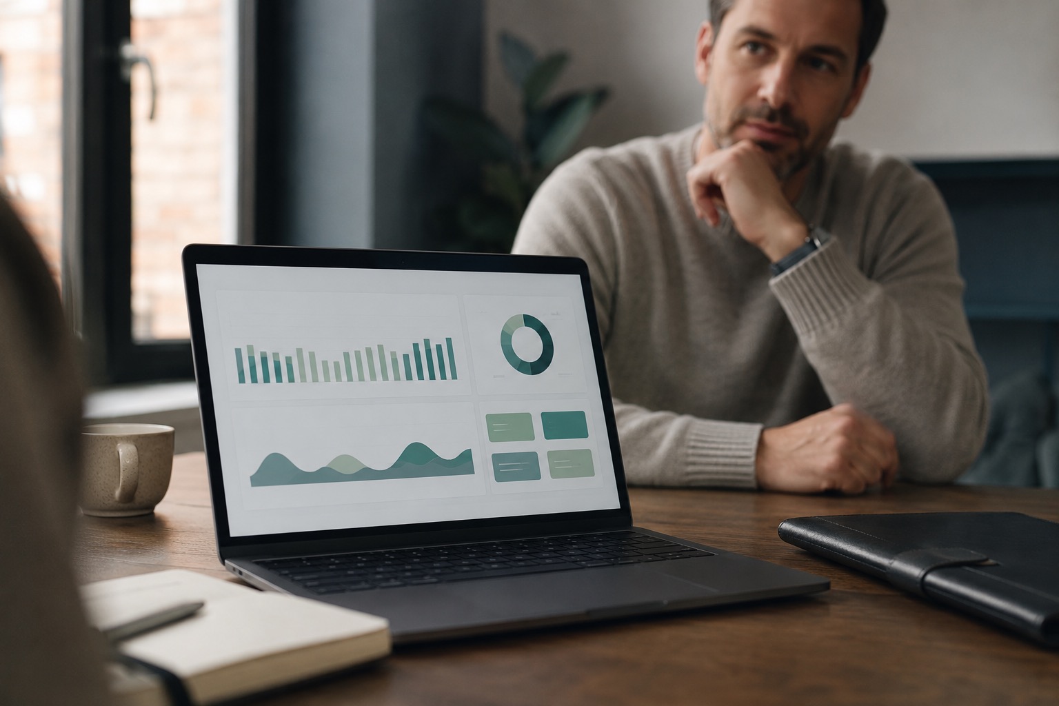 Laptop zeigt Grafiken zur Ferienhaus-Performance, Mann denkt nach; Favorent bietet Lösungen für Ferienhausagenturen.