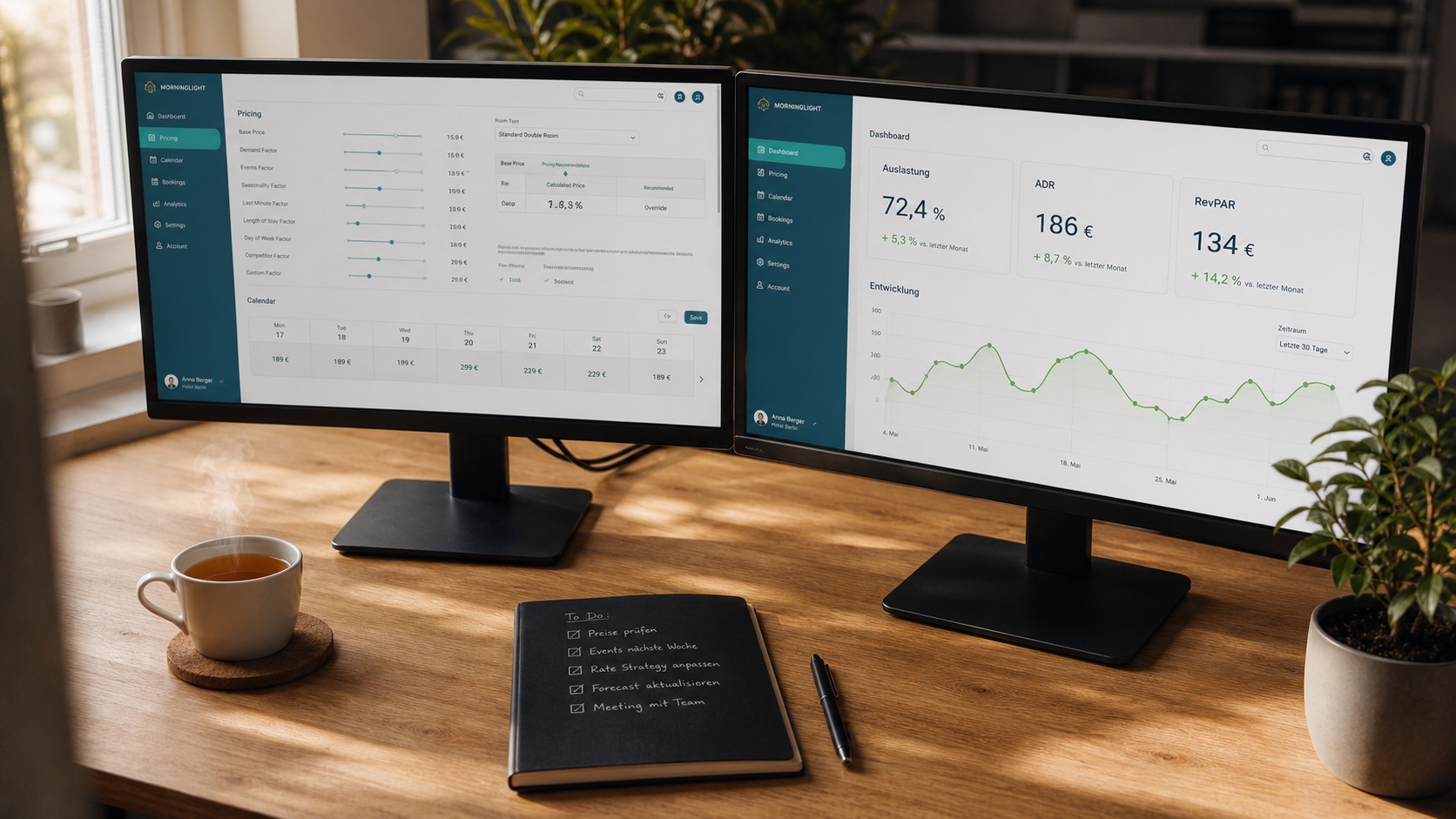 Zwei Monitore zeigen dynamische Preisgestaltungs-Dashboards für die Ferienhausverwaltung mit Aufgabenliste und Favorent-Logo.