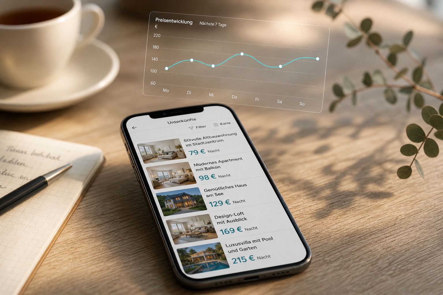 Smartphone zeigt Ferienwohnungen und Preisentwicklung für die Ferienhaus-Vermietung.